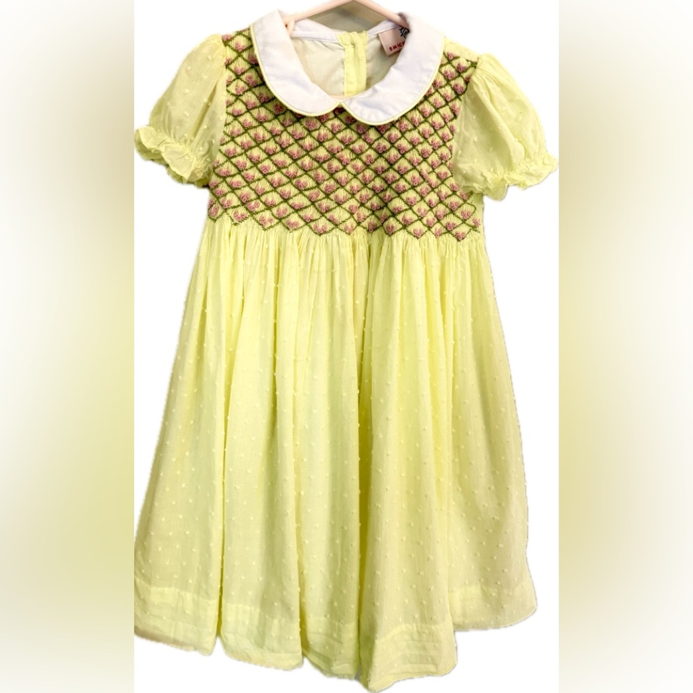 Smockingbird Yellow Swiss Dot Smocked Dress Toddler 3T Girl’s Collar Lined